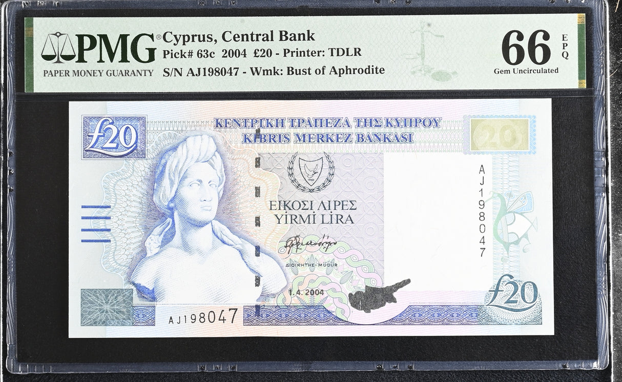 Cyprus 20 Pounds 2004 P 63 c Gem UNC PMG 66 EPQ