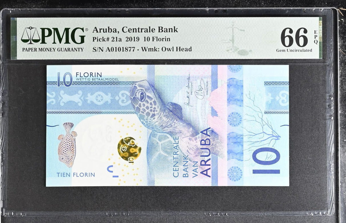 Aruba 10 Florins 2019 P 21 a Turtle Gem UNC PMG 66 EPQ