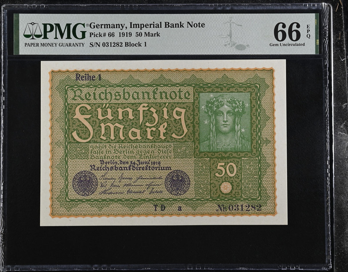 GERMANY 50 Mark 1919 P 66 Gem UNC PMG 66 EPQ