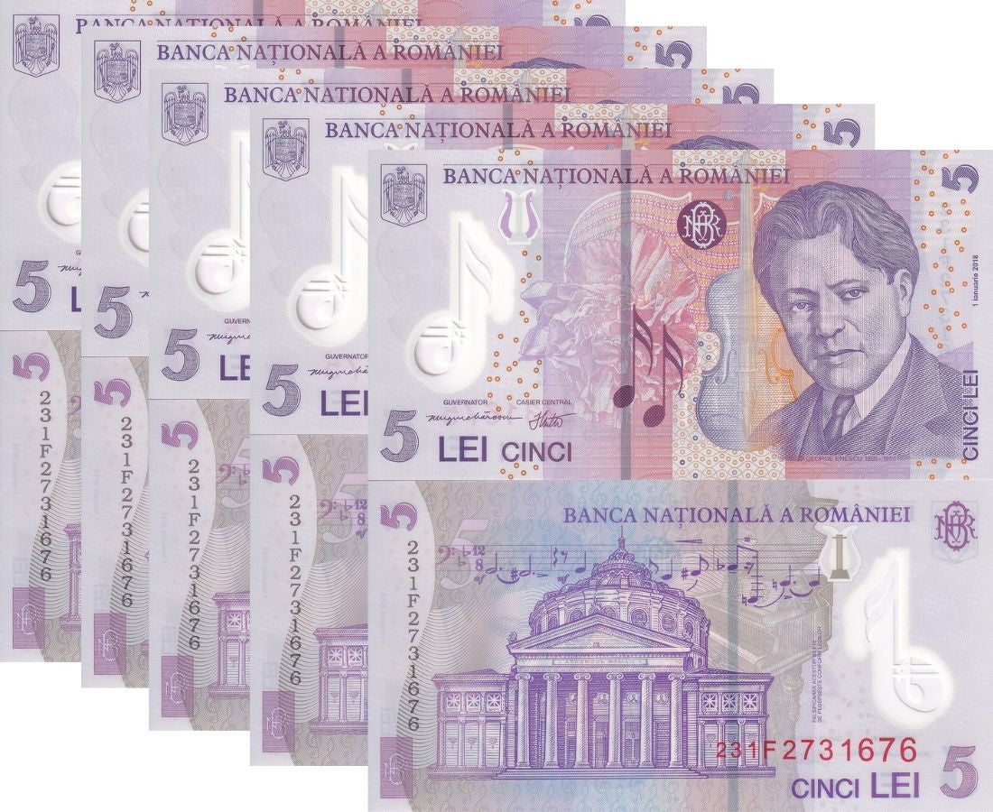 Romania 5 Lei 2018/2023 P 118 Polymer UNC LOT 5 PCS