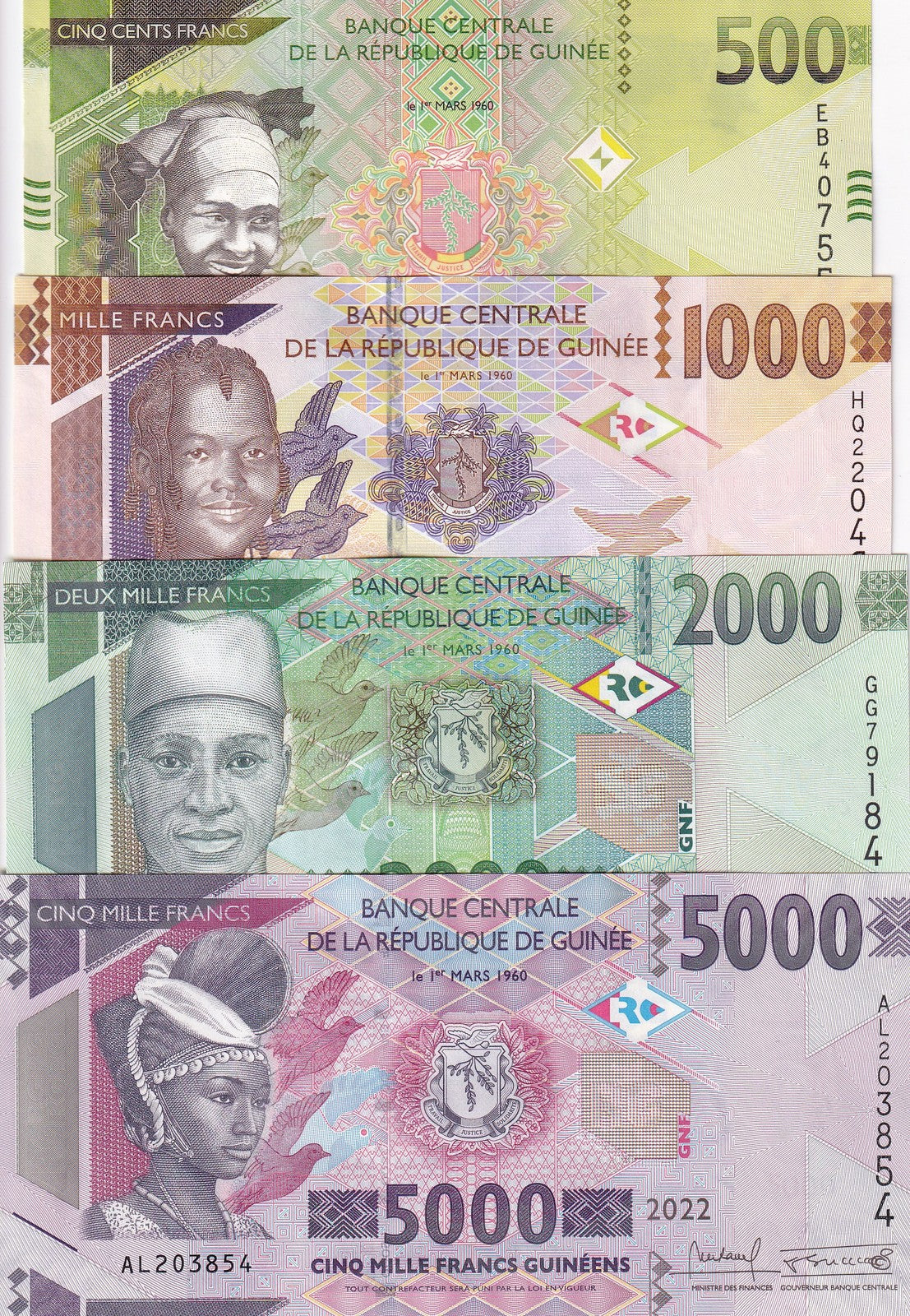 Guinea Set 4 PCS 500 1000 2000 5000 Francs 2022 P 48 P 48A P 49 P 52 UNC