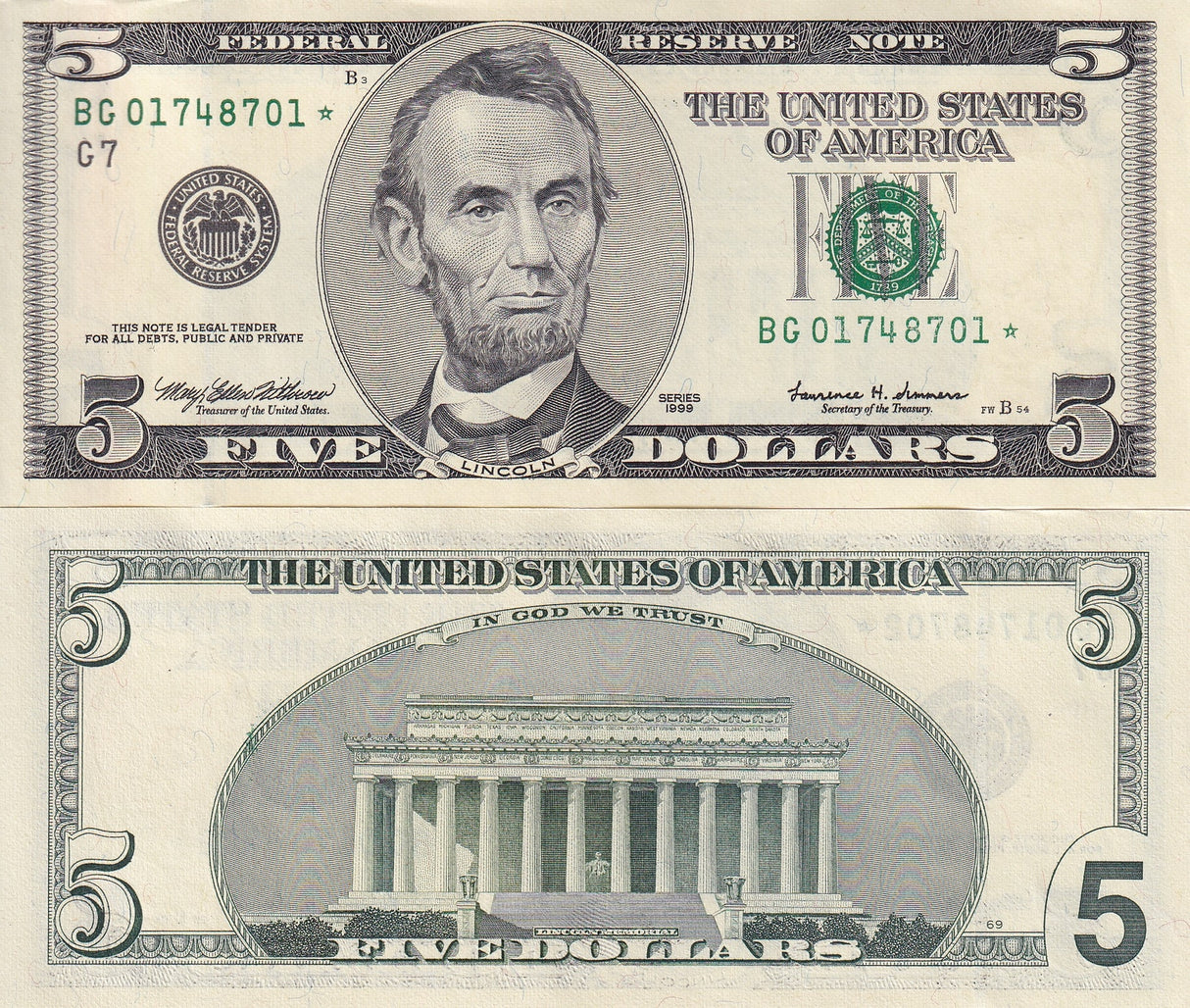 United States 5 Dollars USA 1999 P 505* Replacement Chicago IL"G" AUnc