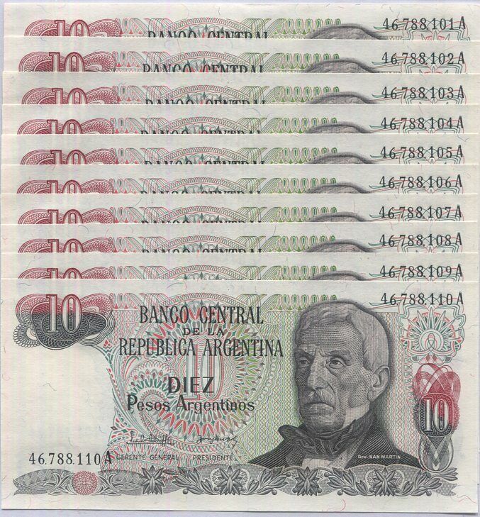 Argentina 10 Pesos ND 1983-1984 P 313 AUnc Lot 10 PCS