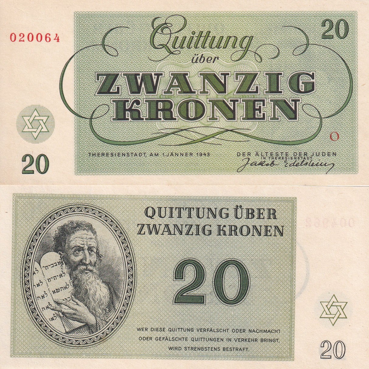 Czechoslovakia 20 Kronen 1943 THERESIENSTADT GHETTO EDELSTEIN P CZ-654 UNC