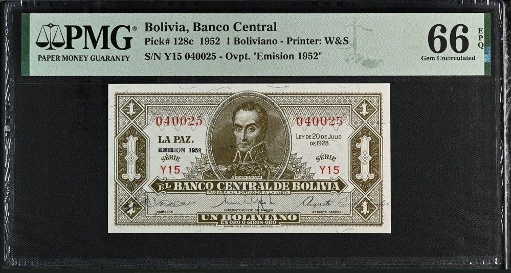 Bolivia 1 Boliviano 1952 P 128 c Gem UNC PMG 66 EPQ