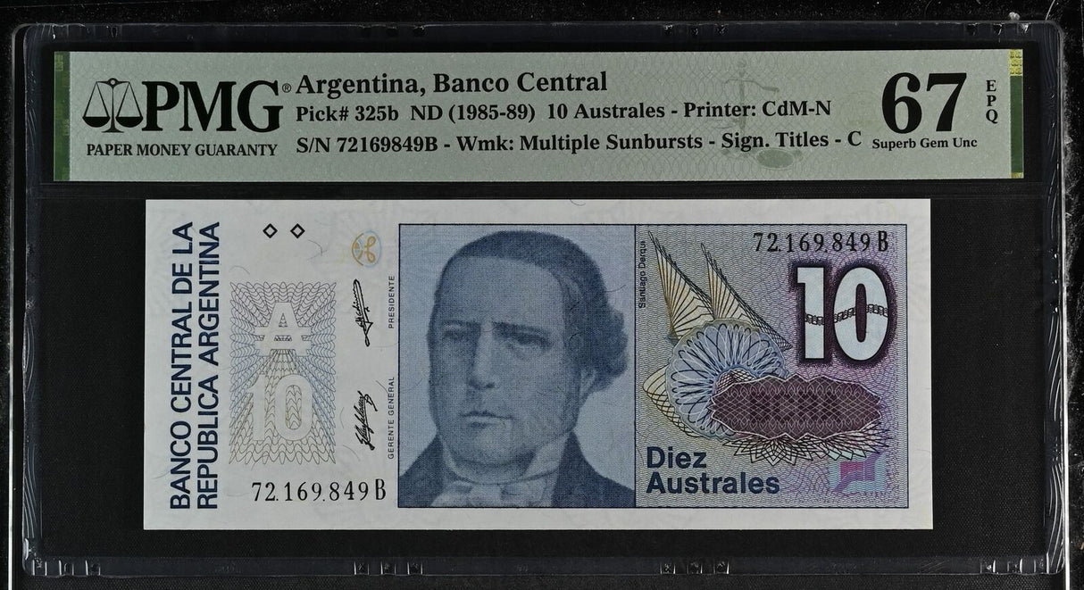 Argentina 10 Australes ND 1985-1989 P 325 b Superb Gem UNC PMG 67 EPQ