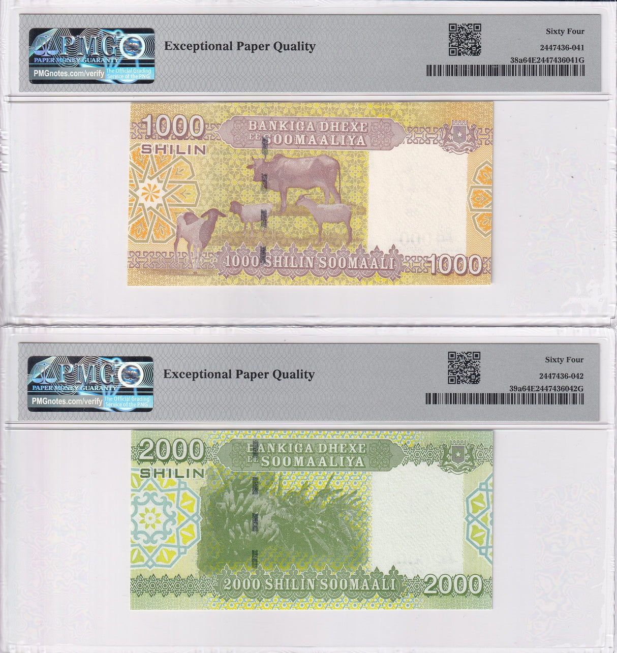 Somalia Set 2 ; 1000 2000 Shillings 2010 P 38 P 39 Choice UNC PMG 64 EPQ