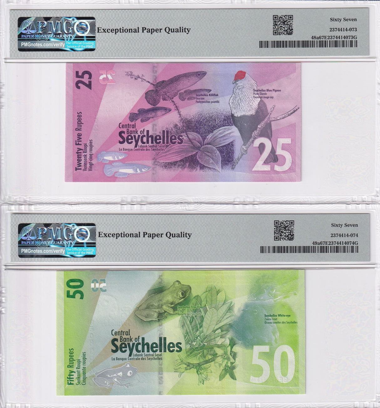 Seychelles Set 2; 25 50 Rupees 2016 P 48 P 49 Superb Gem UNC PMG 67 EPQ
