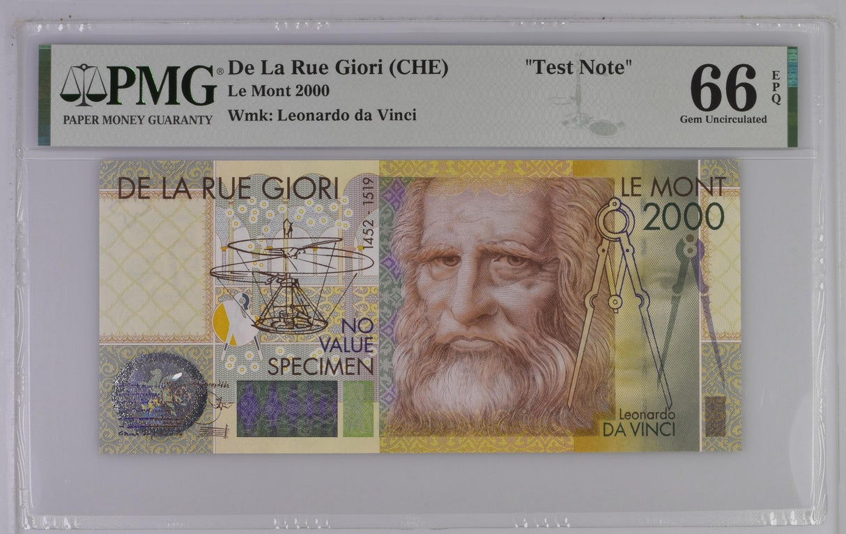 TEST NOTE DE LA RUE Leonardo Davinci 2000 Specimen Gem UNC PMG 66 EPQ