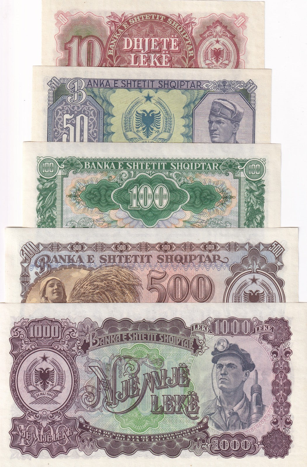 Albania Set 5 AUnc 10 50 100 500 1000 Leke 1957 P 28 29 30 31 32