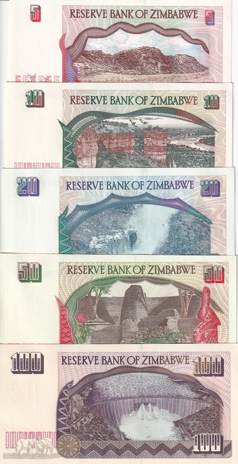 Zimbabwe Set 5 Pcs 5 10 20 50 100 Dollars 1994-1997 P 5 6 7 8 9 UNC