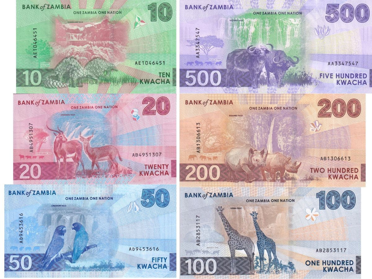 Zambia Set 6 UNC 10 20 50 100 200 500 Kwacha 2024 2025 P 62 63 64 65 66 67
