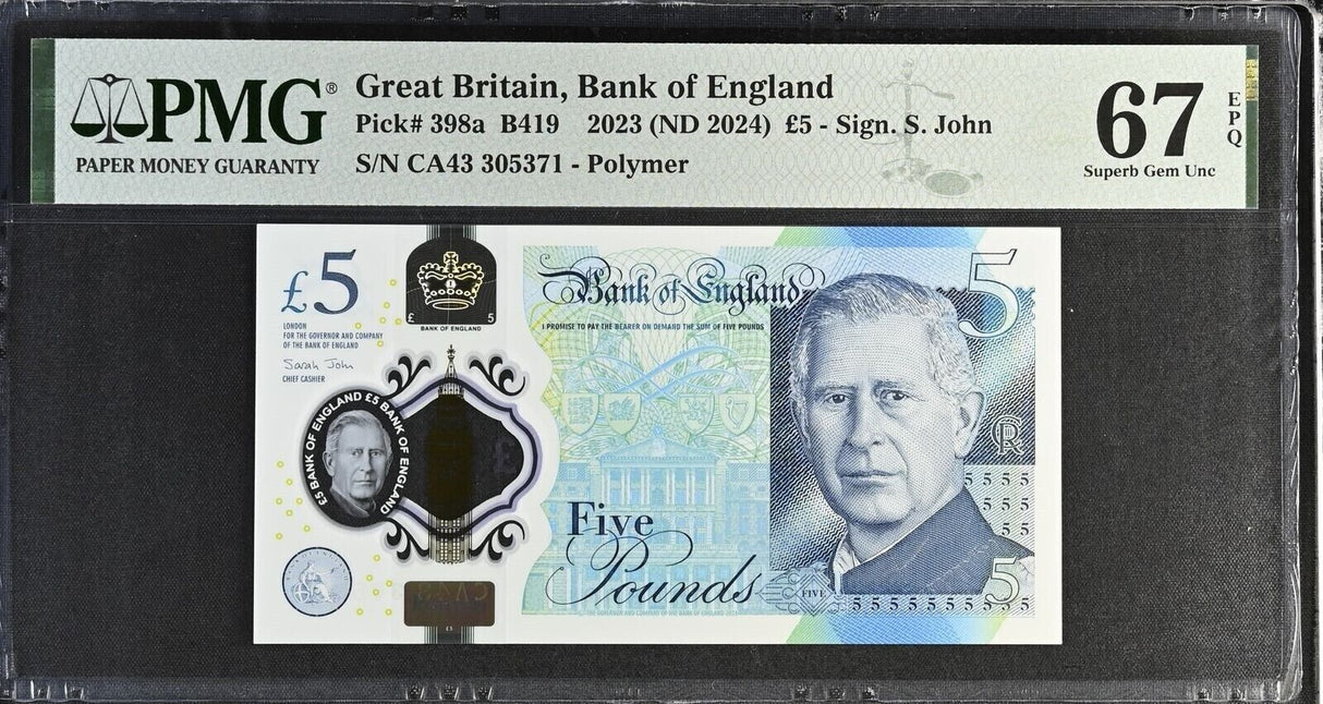 GREAT BRITAIN 5 Pounds 2023 ND 2024 P 398 a Polymer Superb Gem UNC PMG 67 EPQ