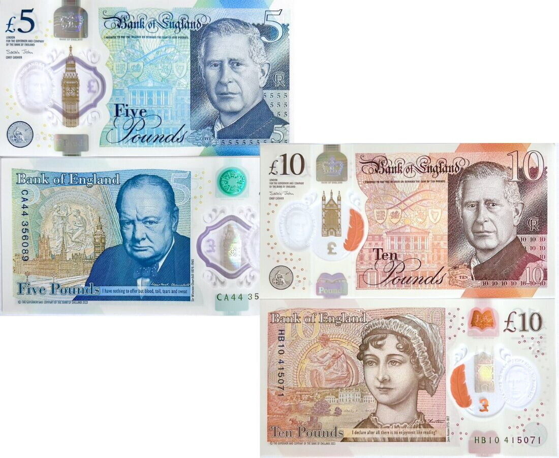 Great Britain Set 2 UNC 5 10 Pounds 2023/2024 Charles Polymer NEW Design