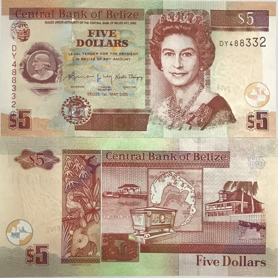 Belize 5 Dollars 2020 P 67 NEW Date & Sign UNC