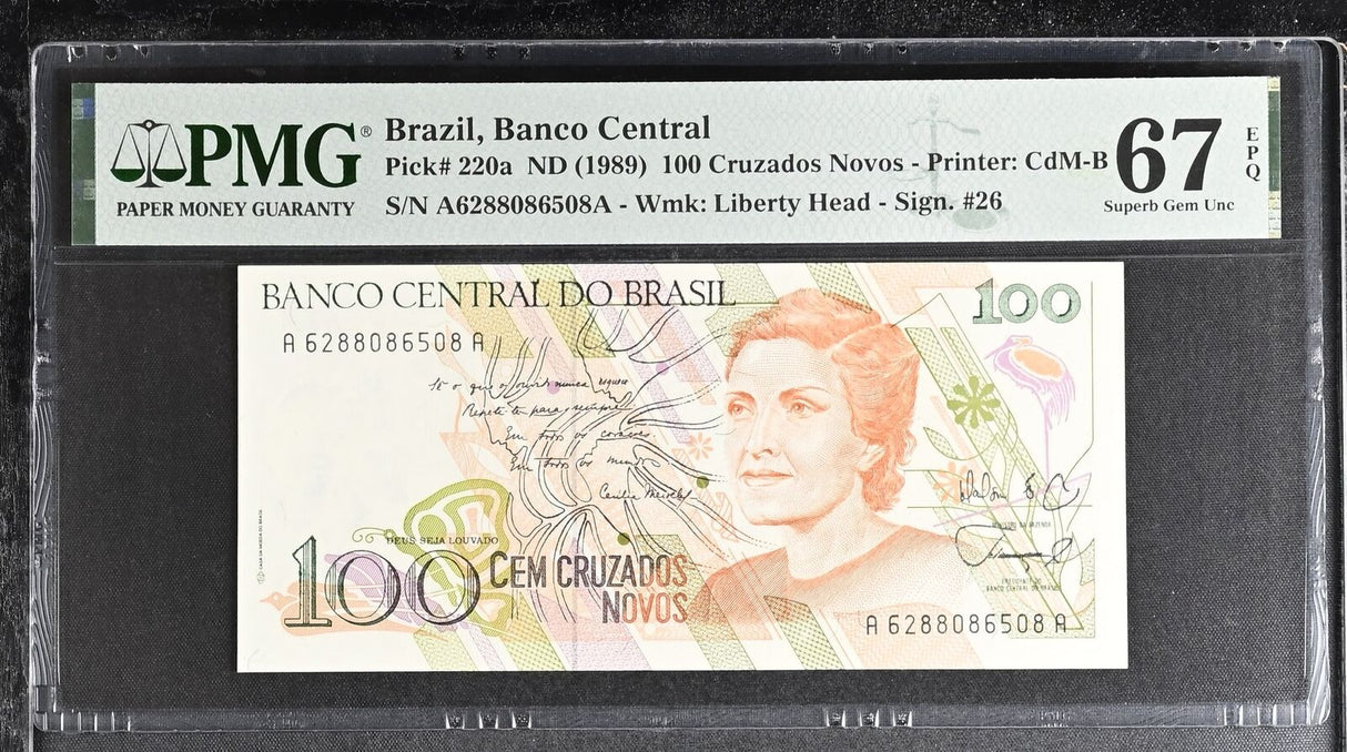 Brazil 100 Cruzados Novos ND 1989 P 220 a Superb Gem UNC PMG 67 EPQ TOP POP
