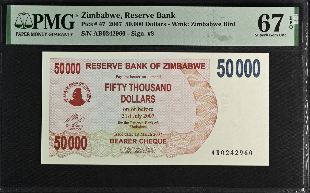 Zimbabwe 50000 Dollars 2007 P 47 Superb Gem UNC PMG 67 EPQ