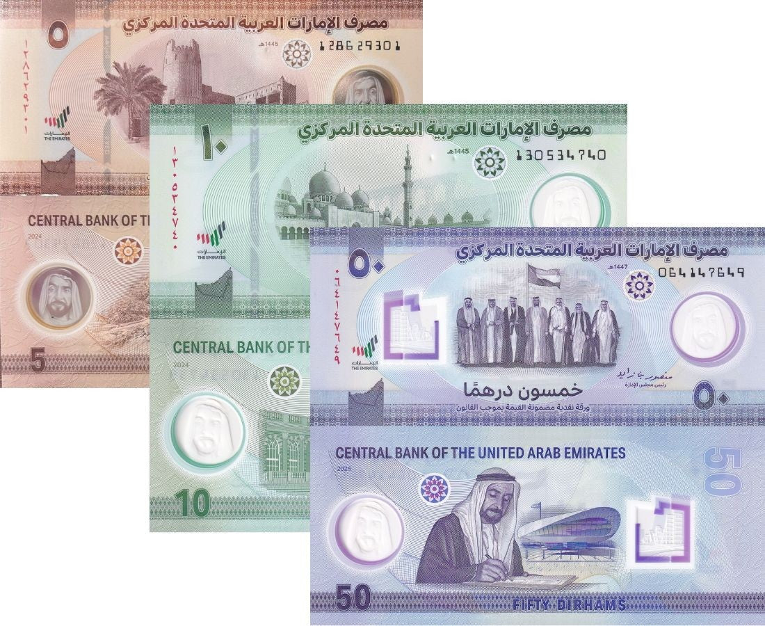 UAE United Arab Emirates Set 3 UNC 5 10 50 Dirhams 2024-2026 P 36 37 39