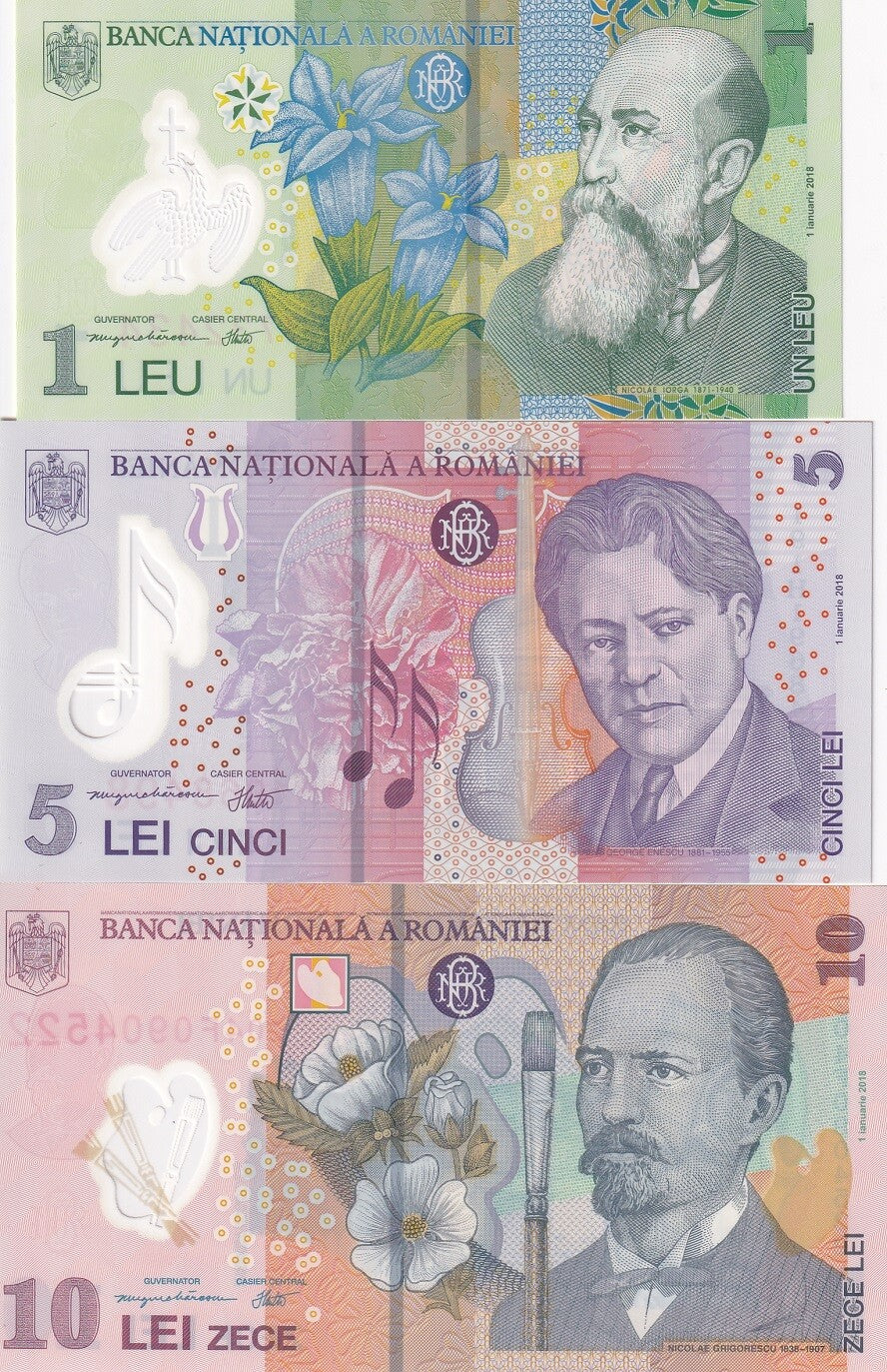 Romania Set 3 PCS 1 5 10 Lei 2018-2023 P 117 118 119 Polymer UNC