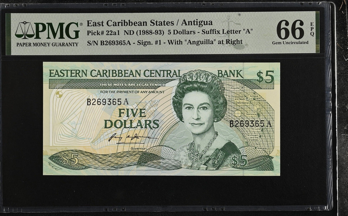 East Caribbean 5 Dollars ND 1988-1993 P 22 a1 Gem UNC PMG 66 EPQ