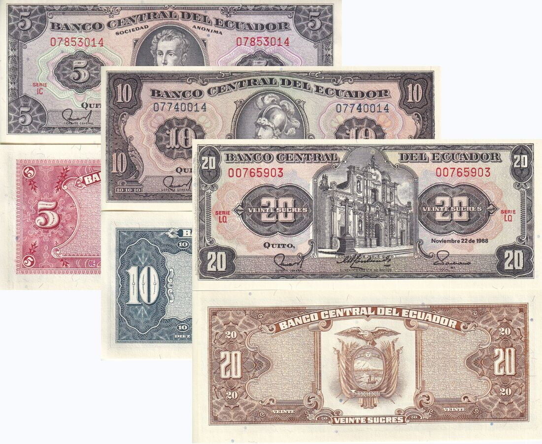 Ecuador Set 3 PCS 5 10 20 Sucres 1988 P 113 121 121A UNC