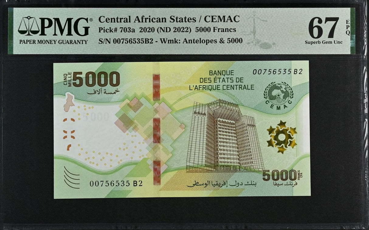 Central African Set 5; 500-10000 francs 2022 P 700-704 Superb Gem UNC PMG 67 EPQ