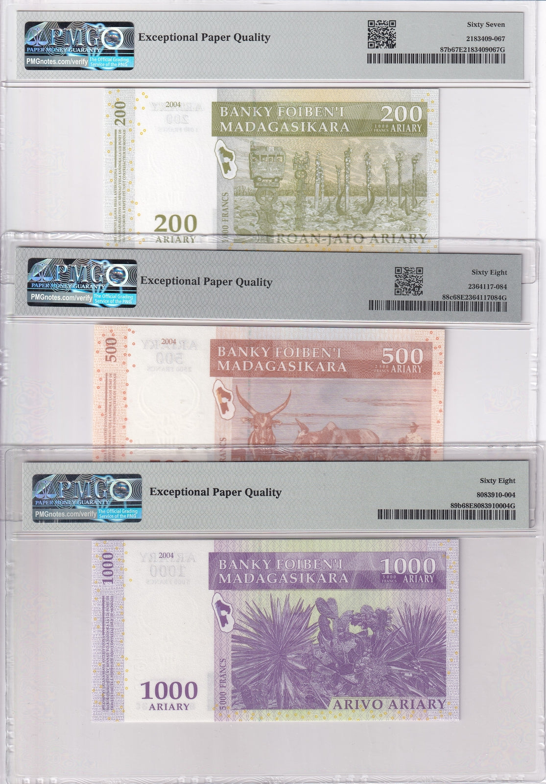 Madagascar Set 3; 200 500 1000 Ariary 2004 P 87-P89 Superb Gem UNC PMG 67 68 EPQ