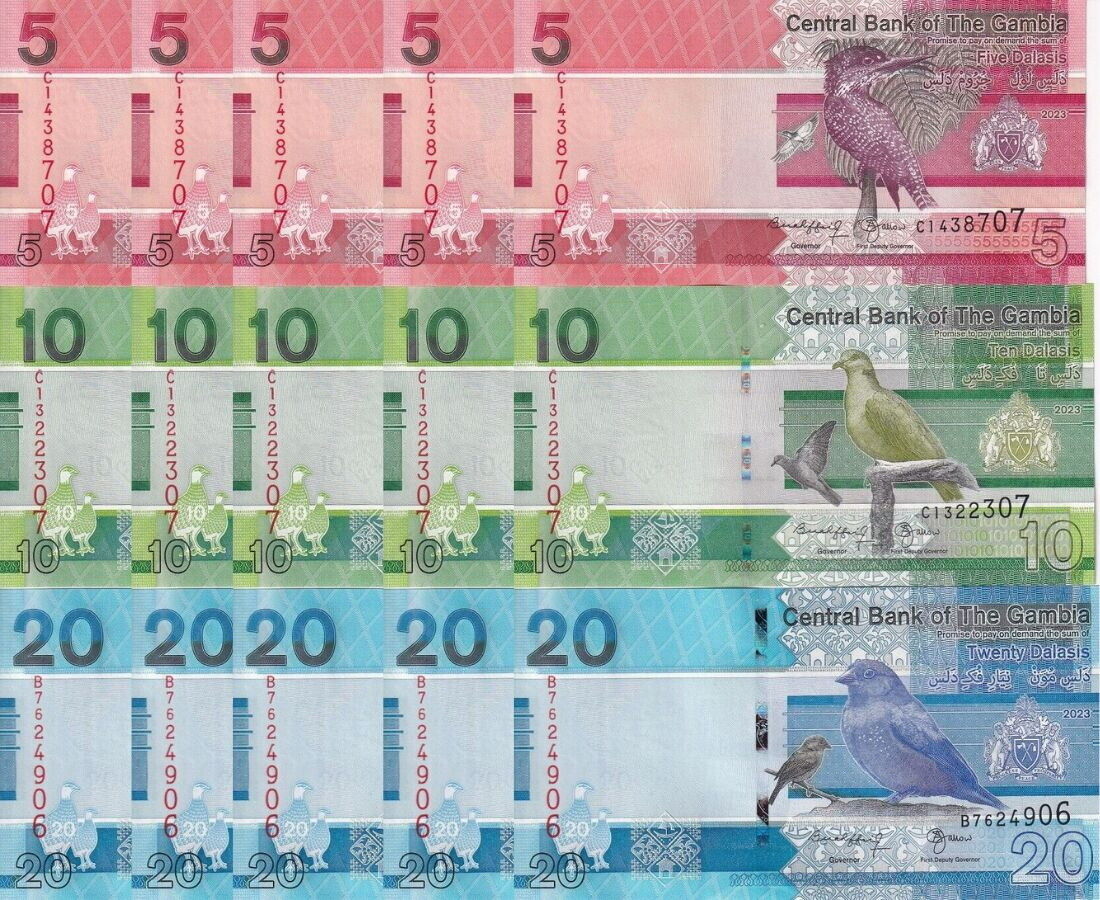 Gambia Set 3 UNC 5 10 20 Dalasis 2023/2024 P 37 38 39 LOT 5 = 15 Pcs