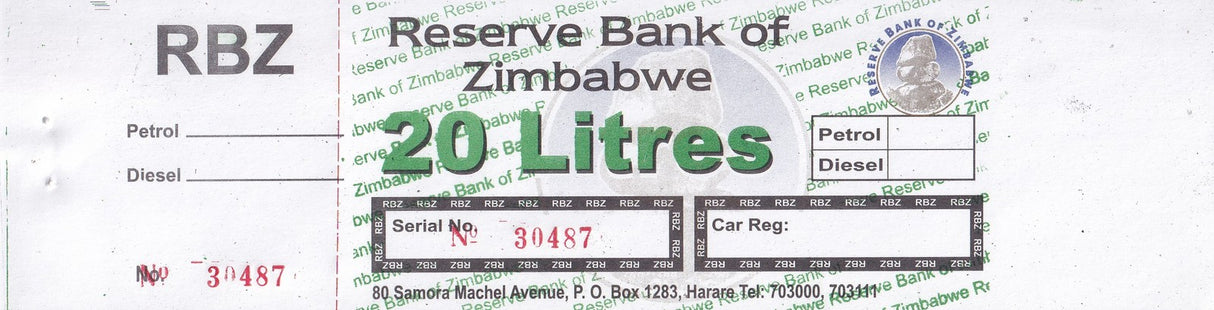 ZIMBABWE 20 LITRES RBZ PETROL GAS FUEL COUPON UNC