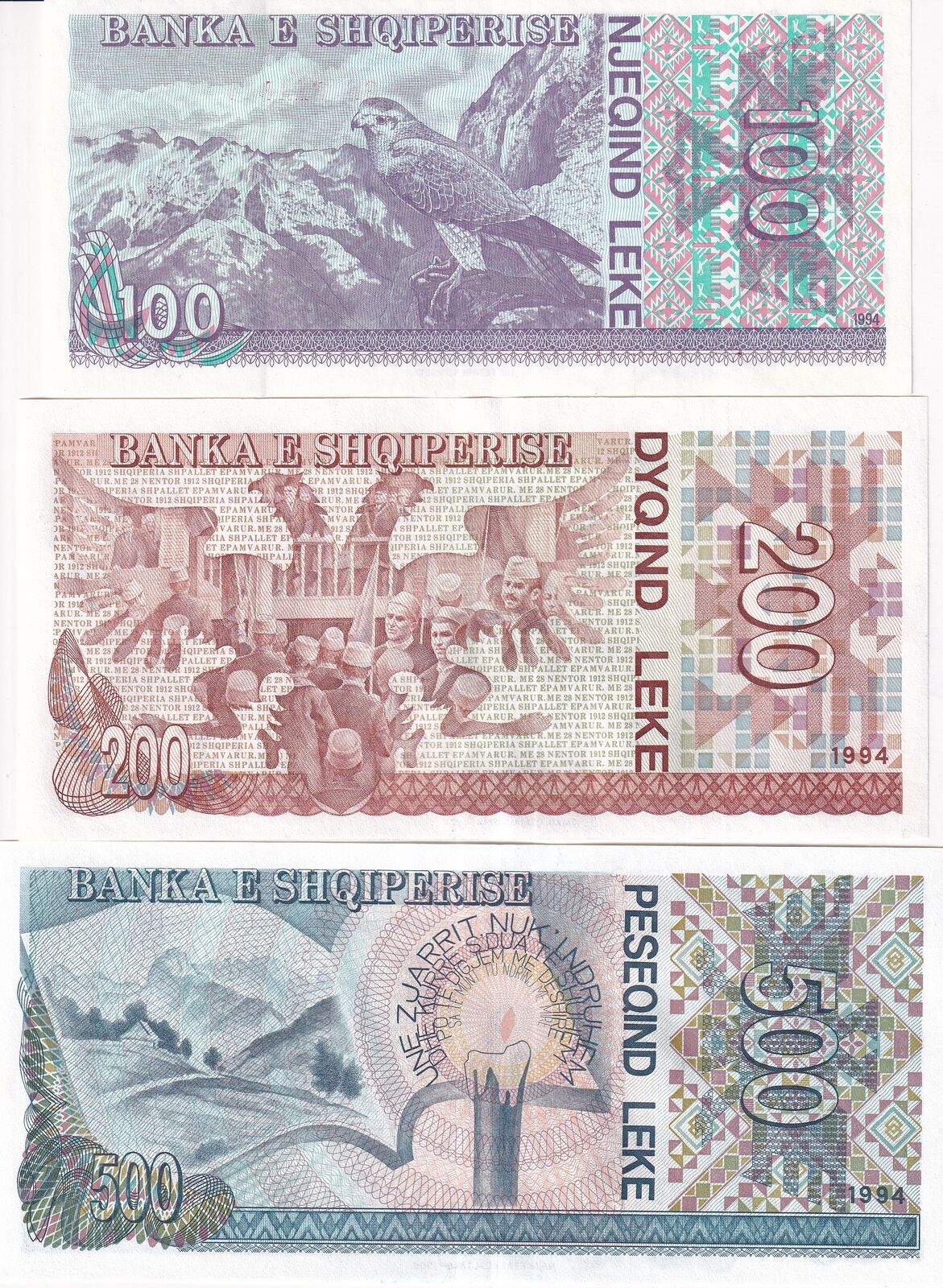 Albania Set 3 Pcs 100 200 500 Leke 1994 P 55 P 56 P 57 UNC