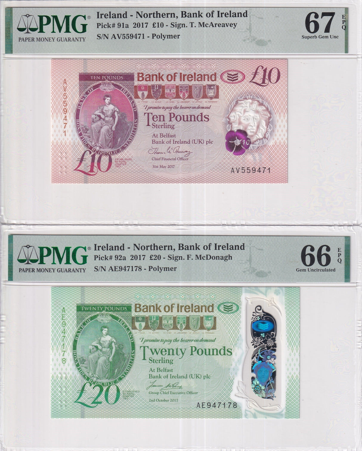 Northern Ireland Set 2; 10 20 Pounds 2017 P 91 P 92 Superb Gem UNC PMG 66 67 EPQ
