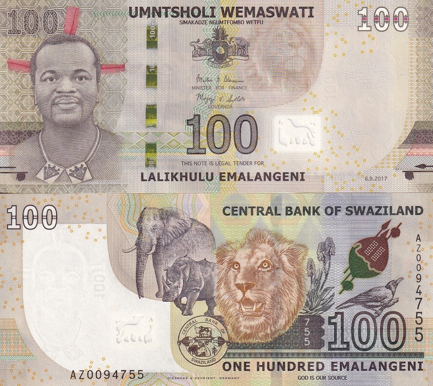 Swaziland 100 Emalangeni 2017 P 42 Prefix AZ Replacement HYBRID UNC