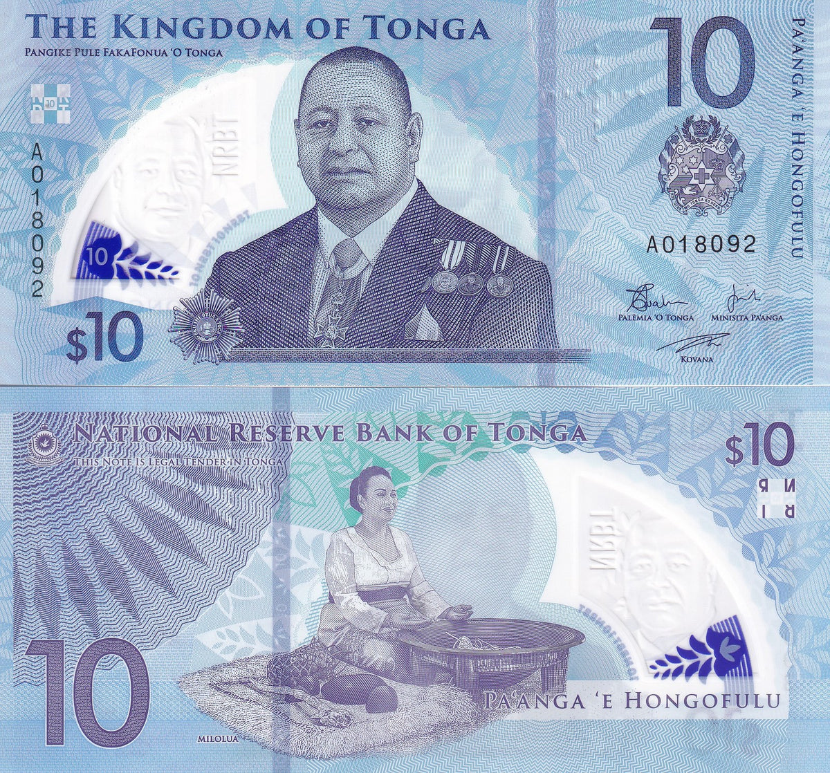Tonga 10 Pananga 2023 P 52 Whale Polymer UNC King Tupou VI Milolua