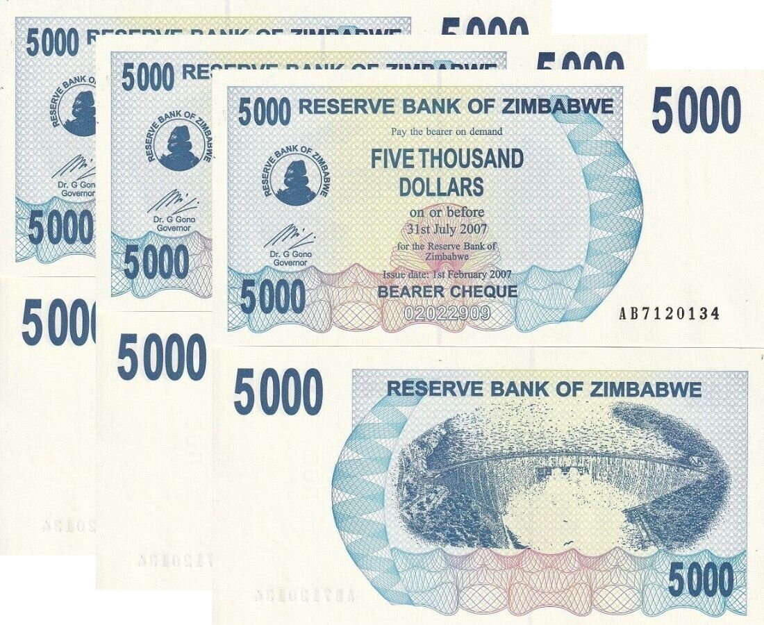 Zimbabwe 5000 Dollar 2007 P 45 UNC LOT 3 PCS