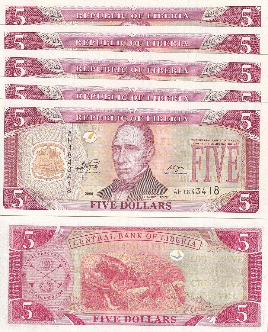 Liberia 5 Dollars 2009 P 26 e UNC LOT 5 PCS