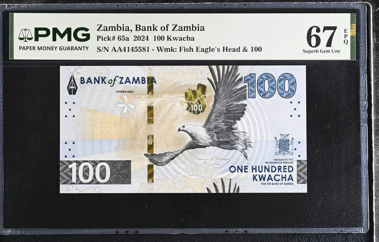 Zambia 100 Kwacha 2024 P 65 a AA Prefix Superb Gem UNC PMG 67 EPQ