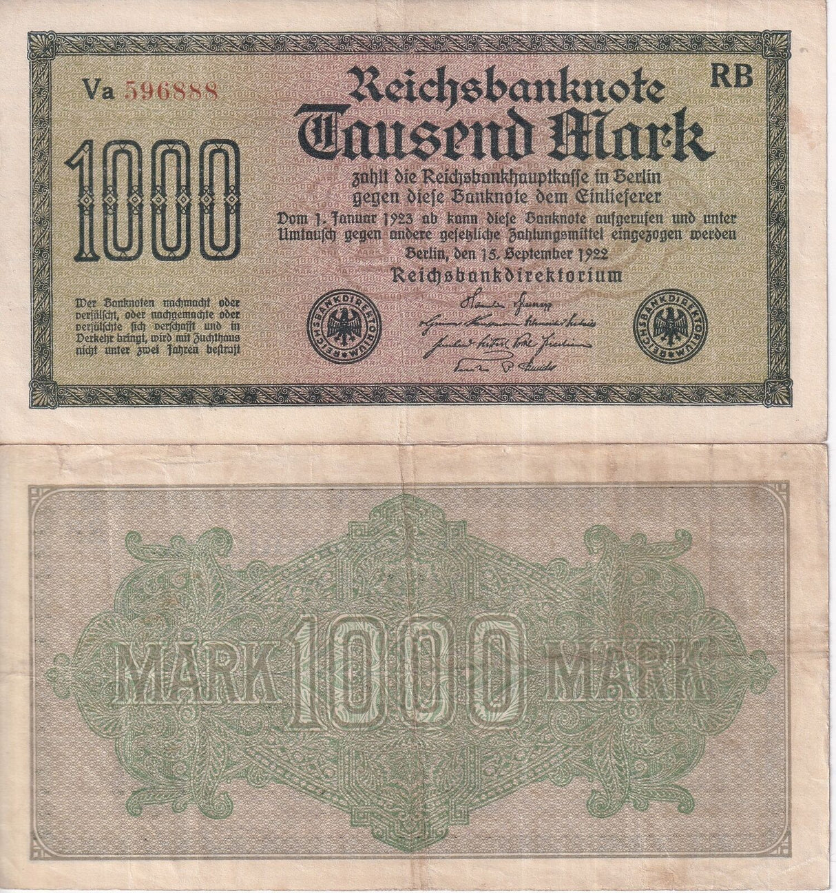 Germany 1000 Mark 1922 P 76 USED / Circulated