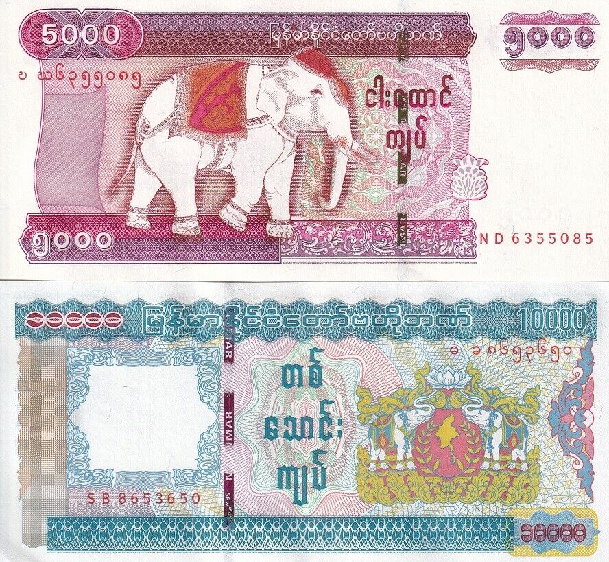 Myanmar Set 2 Pcs 5000 10000 Kyats ND 2012 2014 P 82 83 UNC