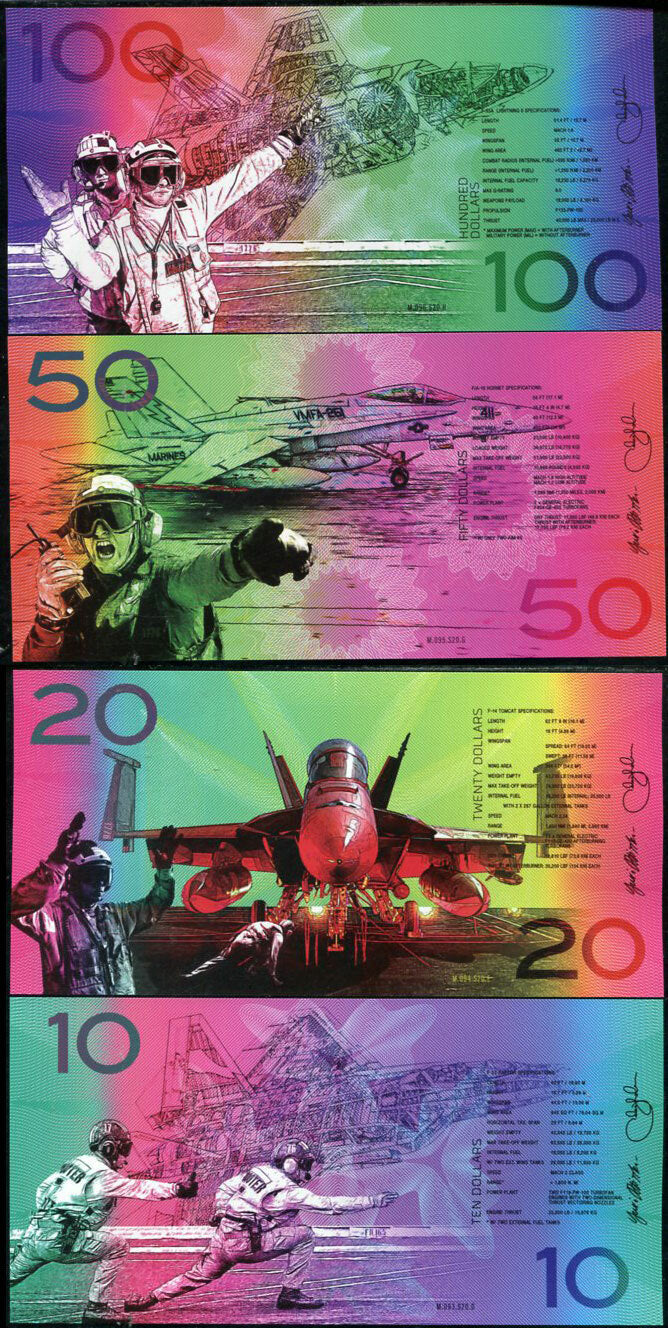 USA SET 4 PCS 10 20 50 100 DOLLARS F22 F14B FA-18F 35 FIGHTER JET POLYMER 2017