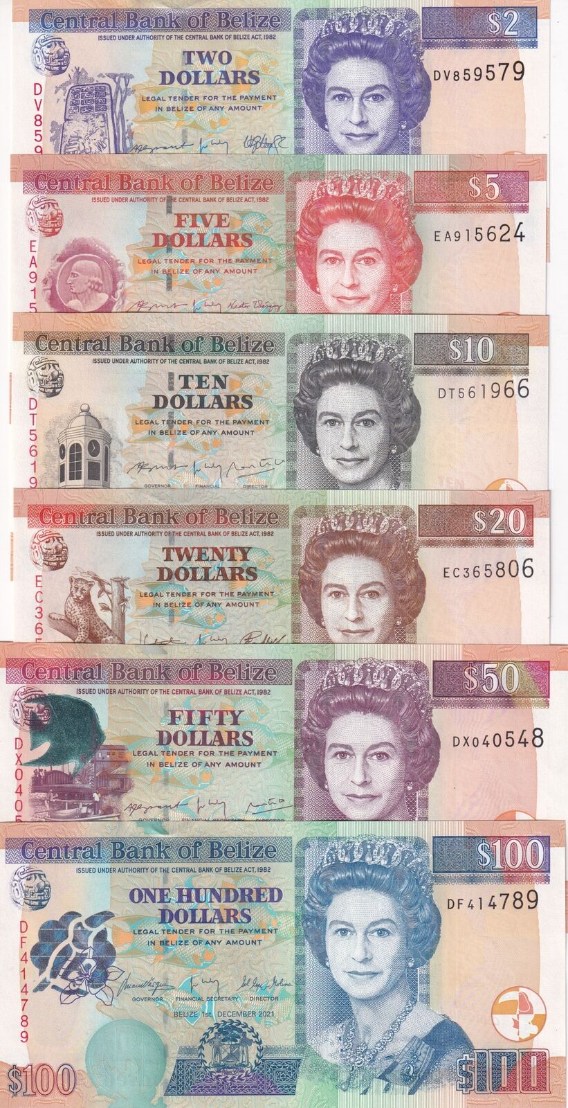 Belize Set 6 PCS 2 5 10 20 50 100 Dollars 2020-2022 P 66 67 68 69 70 71 UNC