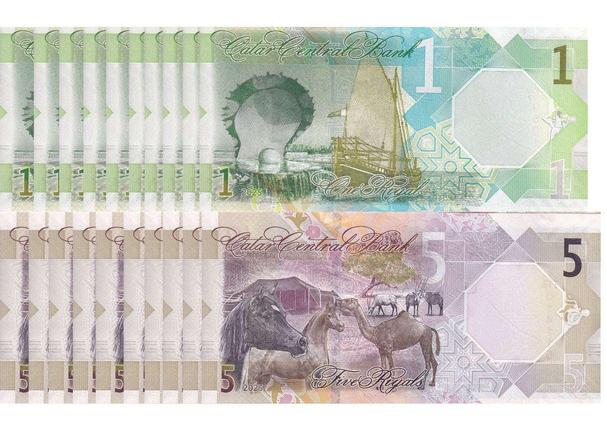 Qatar Set 2 x 10 =20 UNC 1 5 Riyals 2025/2026 New Emblem Western # Wide Security