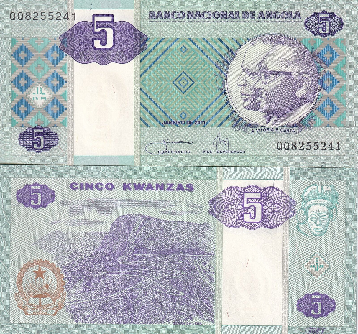 Angola Set 2 UNC 5 10 Kwanzas 2011 P 144 145 Oberthur Palanca Negra