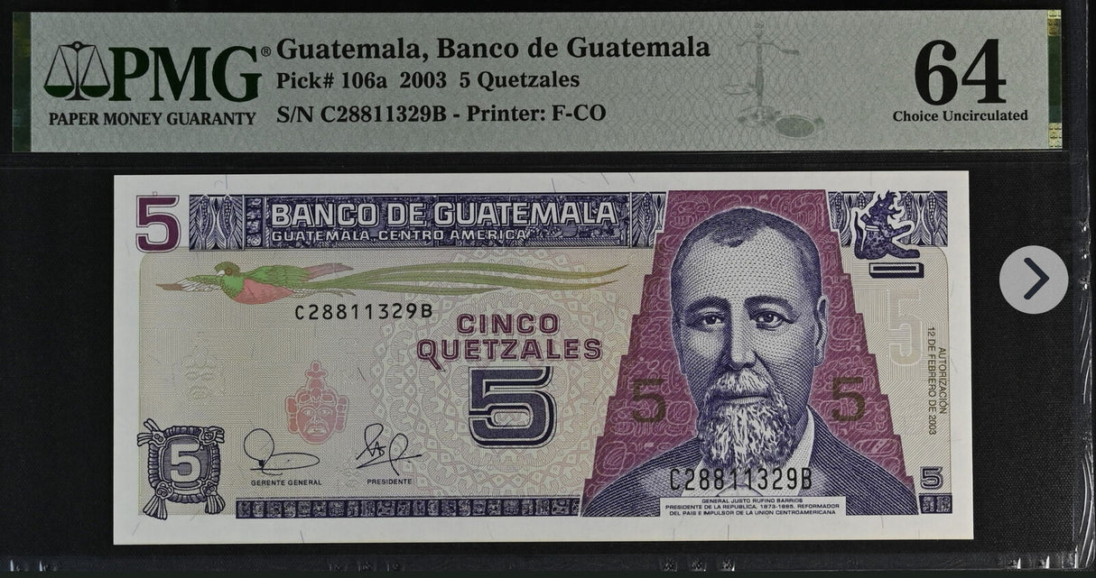 Guatemala 5 Quetzales 2003 P 106 a Choice UNC PMG 64