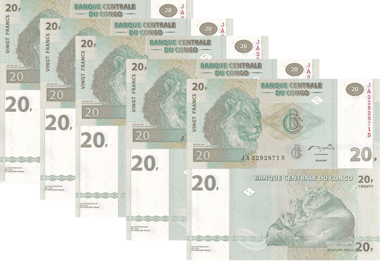 Congo DEMOCRATIC REPUBLIC 20 Francs 2003 P 94 UNC LOT 5 PCS G&D Lion, Kundelongu