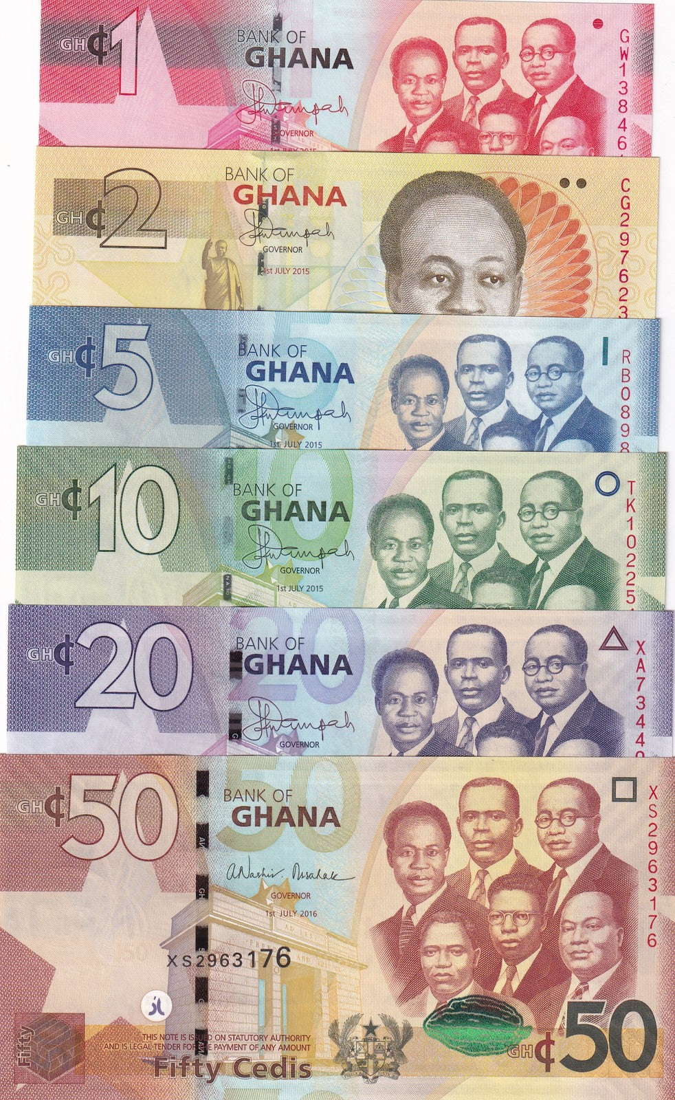 Ghana Set 6 UNC 1 2 5 10 20 50 Cedis Mixed Years P 37 37A 38 39 40 41