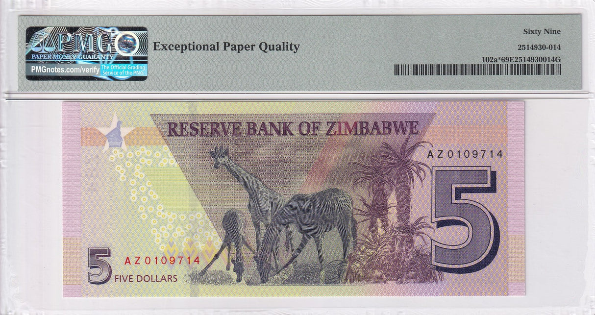 Zimbabwe 5 Dollars 2019 P 102 a* Replacement Superb Gem PMG 69 EPQ