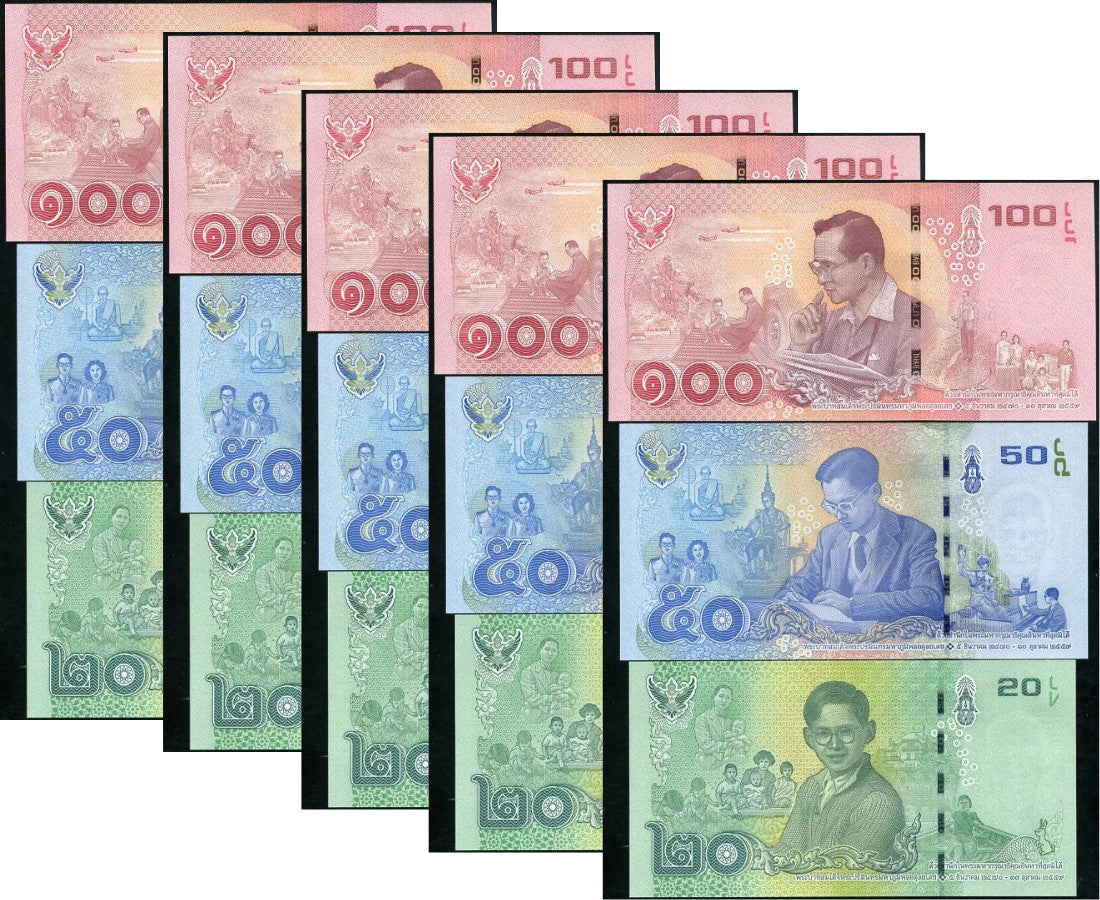 Thailand Set 3 x 5 LOTS = 15 UNC 20 50 100 Baht 2017 Commemorative P 130 131 132