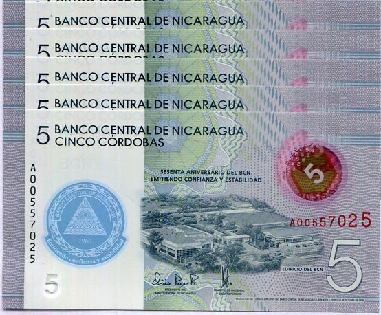 Nicaragua 5 Cordobas 2019/2020 P 219 a Comm. Polymer UNC Lot 5 Pcs
