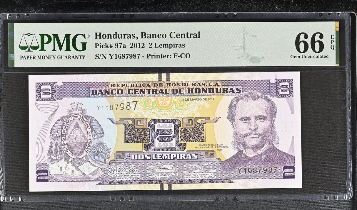 Honduras 2 Lempiras 2012 P 97 a Gem UNC PMG 66 EPQ