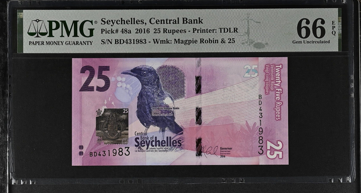 Seychelles 25 Rupees 2016 P 48 a Gem UNC PMG 66 EPQ